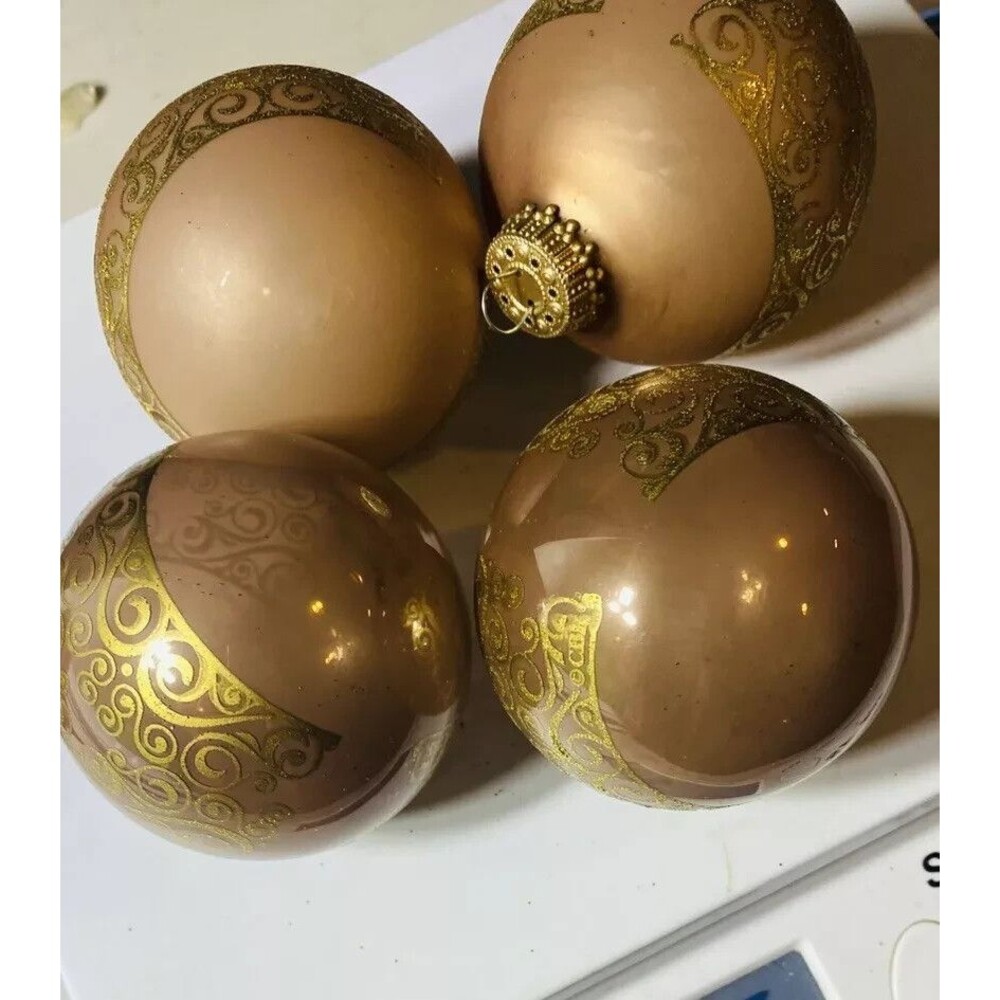 Vintage Christmas By Krebs Tan Glass W Gold Glitter Ornaments Set 4